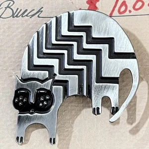 *RARE* LAUREL BURCH Aztec Cat PIN BROOCH Black Enamel & Silver-Tone NOS VTG 80s - Picture 1 of 14