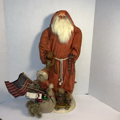 Primitive Ragon House Santa Claus 21” Red Coat Sculpted Face And Hands Toys Bear - Image 1 of 4