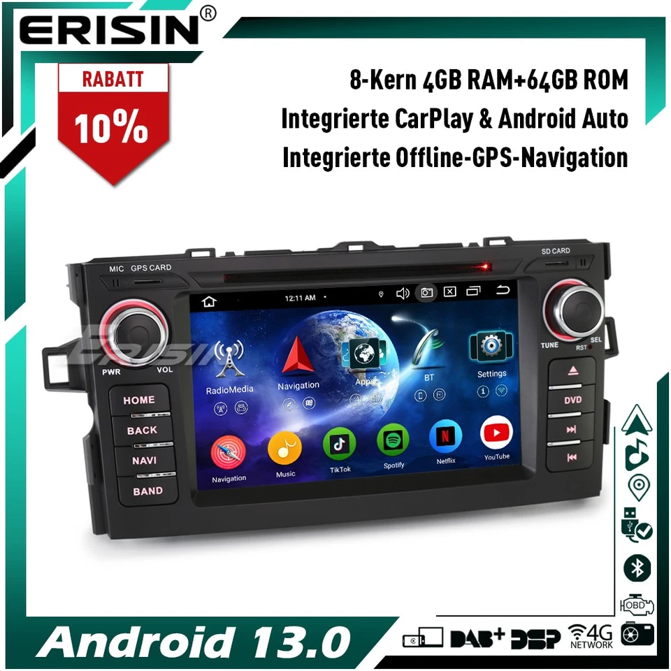 8-Kern 64GB CarPlay DVD Android 14 GPS Autoradio Navi DAB+ Wifi für Toyota AURIS - Bild 1 von 4