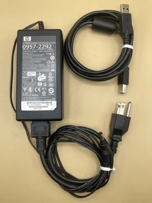 OEM HP AC Power Adapter 0957-2292 +24V 1500mA + USB HP Printer Cable - Image 1 of 2