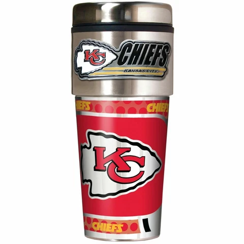 KANSAS CITY CHIEFS 16 OZ STAINLESS STEEL COFFEE TRAVEL MUG WITH METAL EMBLEM Cover