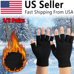Thermal Knitted Fingerless Gloves Warm Winter Half Finger Gloves for Men Womens - Picture 1 of 15