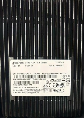 Micron 7400 MAX 3.2TB 2.5" U.3 NVMe PCIe Gen4 x4 MTFDKCC3T2TFC-1AZ1ZABYY  SSD - Image 1 of 2