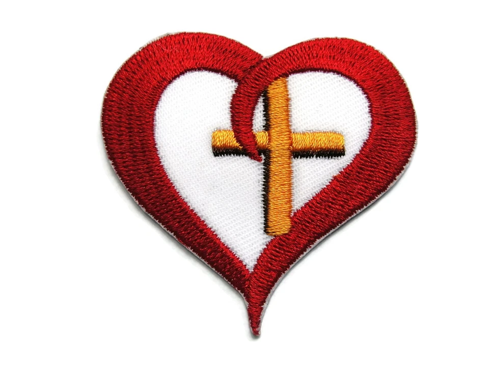 Christian Cross in Red Heart Embroidered Iron On Patch Applique 2.25 Inches - Image 1 of 1