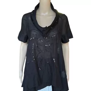 Diesel Removable Collar Black Semi-Sheer Embroidered Top with Sequins Women's M - Picture 1 of 15