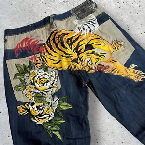 90's KANJI Ed Hardy Style Jeans Men Baggy Hand Painted RARE Denim Size 38x34 - Picture 1 of 9