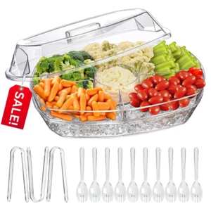 Chilled Veggie Tray, Clear Party Platter with 4 Compartments, Ice Serving Bowl - Picture 1 of 7