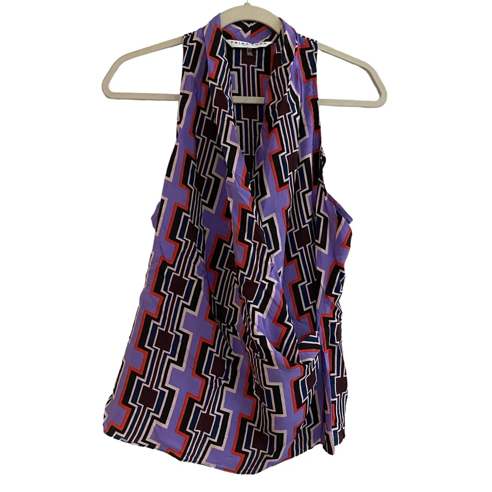 Trina Turk Tank Top Medium Faux Wrap Silk Purple Red Abstract Print Racerback - Image 1 of 4