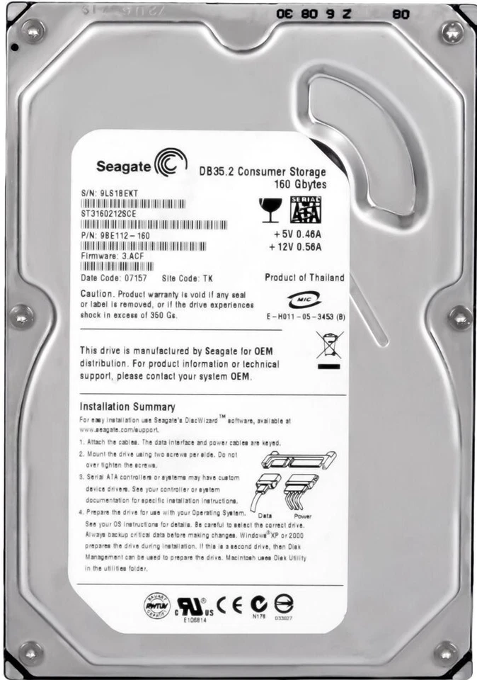 Hard Drive Seagate DB35.2 ST3160212SCE 160GB 7200RPM 2MB SATA II 3.5" Inch - Image 1 of 3