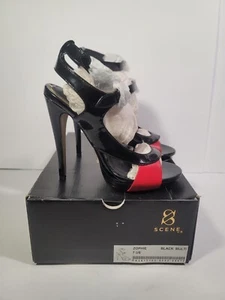 SCENE Double Strap 5" HIGH HEEL PLATFORM ANKLE Black Red Sz 7 - Picture 1 of 7