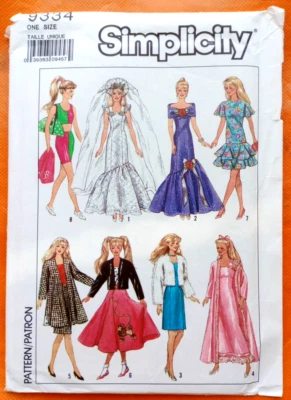 Simplicity Vintage Fashion Doll Clothes 11.5" Barbie Sewing Pattern 9334 Uncut - Image 1 of 2