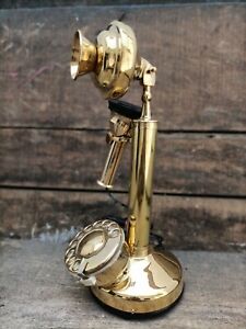 Antique Shiny Brass Candle Stick Telephone Rotary Dial Phone Home Decor & Gift