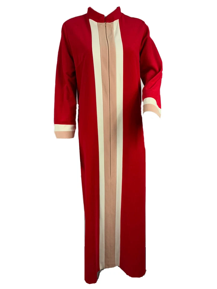 VINTAGE VANITY FAIR Long Nightgown Size 14 Kaftan Red Beige 3/4-Zip Pocket Mumu - Image 1 of 4
