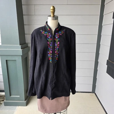 Elementz Black Jacket XL Floral Embroidered Zip Front Long Sleeve Boho Style - Image 1 of 4