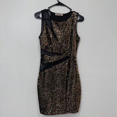 Mystic Black Gold Sequin Mesh Cutout Bodycon Mini Dress Party Club Size M - Image 1 of 4