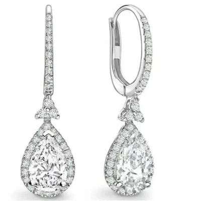 3.50 CT Pear Cut Moissanite Halo Drop Dangle Earrings Real 925 Sterling Silver - image 1 of 3