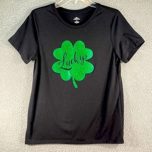 St Patrick's Day Women's Short Sleeve Top Black with Green "Lucky" Shamrock Med - Picture 1 of 11
