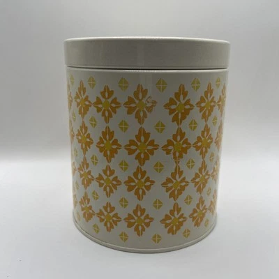 Pioneer Woman Medium Metal Canister Vtg Geo Design Yellow Floral Top Dia 5.35in - Image 1 of 4