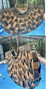 Vintage Sondra Roberts Crescent Shaped Woven Cork/Faux Pantent Leather Handbag - Picture 1 of 9