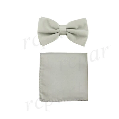 Nuevo Pajarita Formal Para Hombre Pre Atado y Bolsillo Cuadrado Pañuelo Gris Sólido Boda Foto 1 de 4