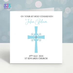 Personalised First Holy Communion Cross Card, For Boys, Confirmation - Picture 1 of 3