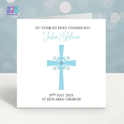 Personalised First Holy Communion Cross Card, For Boys, Confirmation - Image 1 of 3