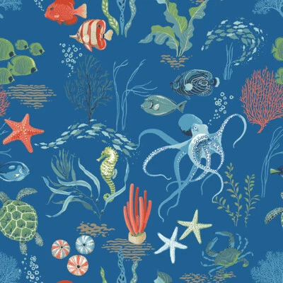 Riley Blake Free as the Ocean Main Blue Lisa Audit Fabric Octopus Seahorse Fish - Image 1 of 2