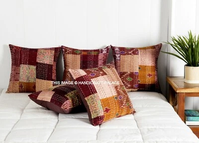 Indian Luxury Silk Patchwork Kantha Work Cushion Covers Handmade 16 x 16" Brown - Image 1 of 4