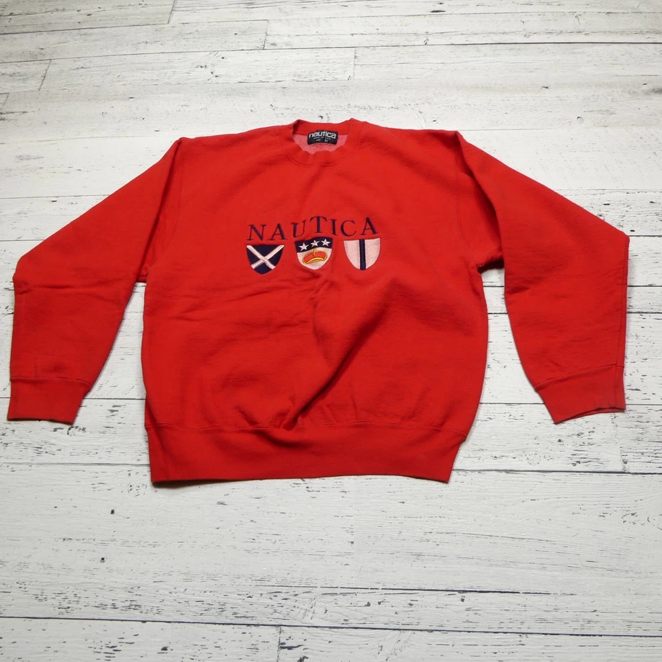 Vintage Nautica Sweatshirt Size Large Red Fleece Embroidered USA Made Crew Neck - Image 1 of 4