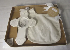 Mud Pie Embroidered Cross Bib with Ceramic Cross Photo Frame Gift Set New - Picture 1 of 4