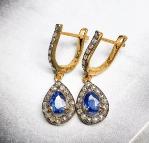 Natural Kyanite &Pave Diamond Earring Handmade Earring 925 Sterling Silver Drop - Picture 1 of 5