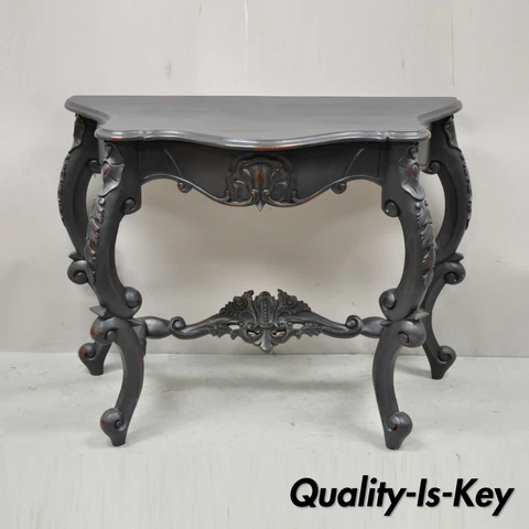 Reproduction Antique French Rococo Charcoal Distress Painted Console Hall Table Cover
