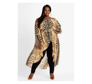 nwt ASHLEY STEWART animal print sheer chiffon off shoulder duster shirt 26 28 - Picture 1 of 1