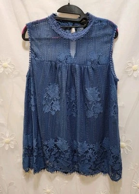 Blusa Worthington Mujer XL Azul Marino Encaje Cuello Simulado Delicada Boho Cottage Foto 1 de 4
