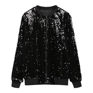 Fashion Women Sequins Coat Bomber Jacket Long Sleeve Zipper Streetwear Casua DTS - Picture 1 of 11