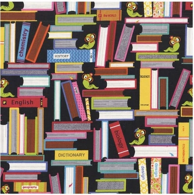 Multicolored  Library w/ Bookworms  Back to School  Fabric Traditions two 9 ½ SQ - Image 1 of 4