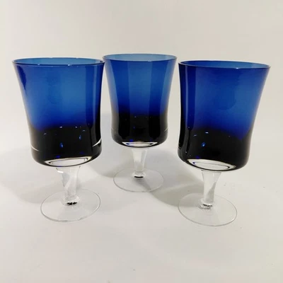Denby Mirage Blue 6 3/8" Water Goblets Clear Stem & Foot Sweden Vintage Set of 3 - Image 1 of 4
