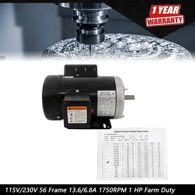 115V/230V 56 Frame 13.6/6.8A 1725RPM 1 HP Farm Duty Single Phase Motor - Image 1 of 4