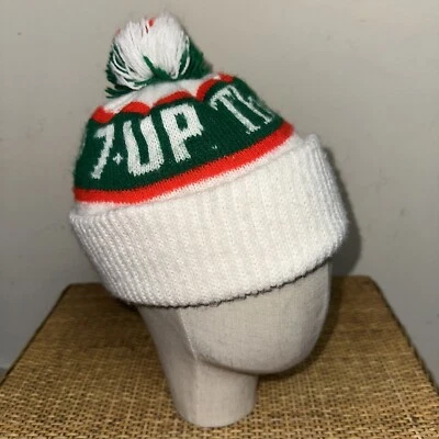 Vintage 1980s 7-UP The Uncola Drink POM-POM Stocking Winter Ski Hat White OSFA - Image 1 of 4