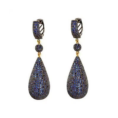 12.15ct Zaffiro Blu Placcato Oro Lacrima Goccia Orecchini 925 Storno Argento - Immagine 1 di 3