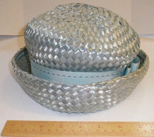 Vintage Light Blue CELLOPHANE STRAW Breton Wide Brim Ladies Hat+Ribbon UNIONMADE - Picture 1 of 15