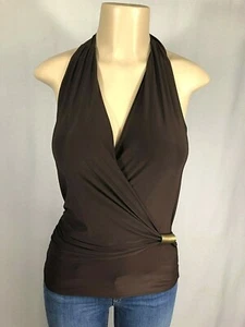 Mujeres Halter Top Marrón Sexy Ajustada Cóctel Blusa Lado Cinchado IZZY Talla M - Imagen 1 de 4