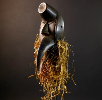 Máscara de pájaro Dan tribal africana tallada a mano madera rafia barba espíritu escultura-G5269 Foto 1 de 4