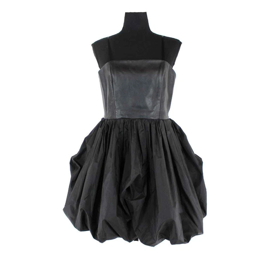 Alice + Olivia Black Leather Sleeveless Silk Mini Dress Medium Bubble Hemline - Image 1 of 4