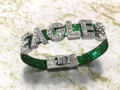 NFL PHILADELPHIA EAGLES BRACELET GREEN STRAP SILVER RHINESTONE LETTERS & CLASP Cover