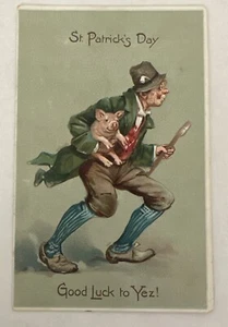 St Patricks Day Man Pig Good Luck to Yez Raphael Tuck Postcard 1900s - Picture 1 of 2