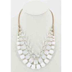 White Acrylic Cube Bead Multi 3 Strand Necklace Gold Tone Faceted Graduated - Picture 1 of 10