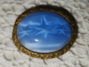 Antique Victorian Faux Blue Star Sapphire Ornate Brass Brooch 1.25" X 1" #165 - Picture 1 of 3
