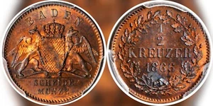 1866 German States BADEN 1/2 Kreuzer PCGS PR64RB Extremely Rare in Proof - Picture 1 of 1