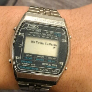 Vtg Timex Chronograph Alarm Timer Digital Watch World Time Steel Parts/Repair - Picture 1 of 9